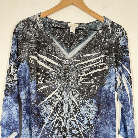 Chicos Abstract Top Womens Size 2 (L) Black Blue Burnout Embellished Y2K Grunge - Picture 3 of 7